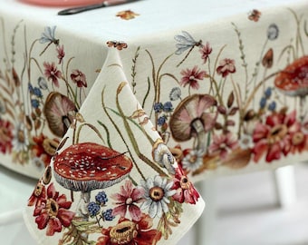 Autumn Tapestry Tablecloth, Mushroom Wildflower Table Cover, Fall Dining Decor, Cottagecore Harvest Kitchen Decor