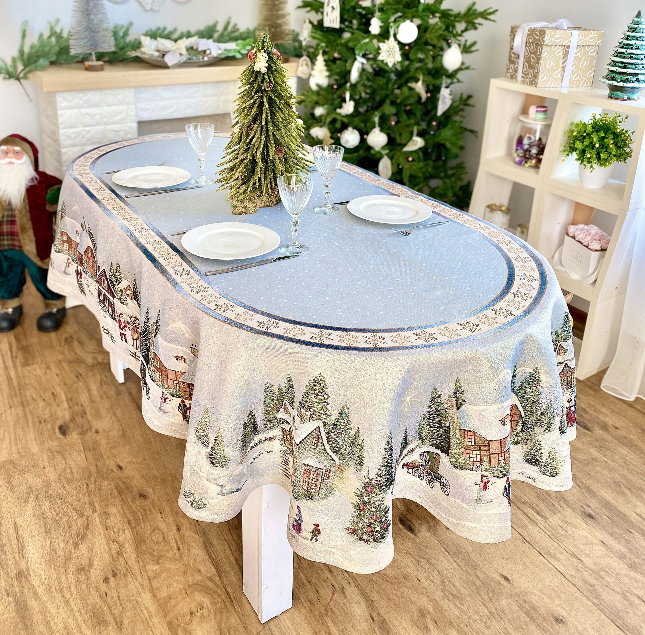 Oval Christmas tablecloth with Snowy Highlands, Tapestry fabric, Xmas Winter holiday dining Table cover, Festive Oval table topper