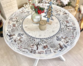 Festive Round Christmas Tablecloth with Snowman and Snow Forest - Elegant Holiday Dining Decor. Tapestry fabric. Family gift