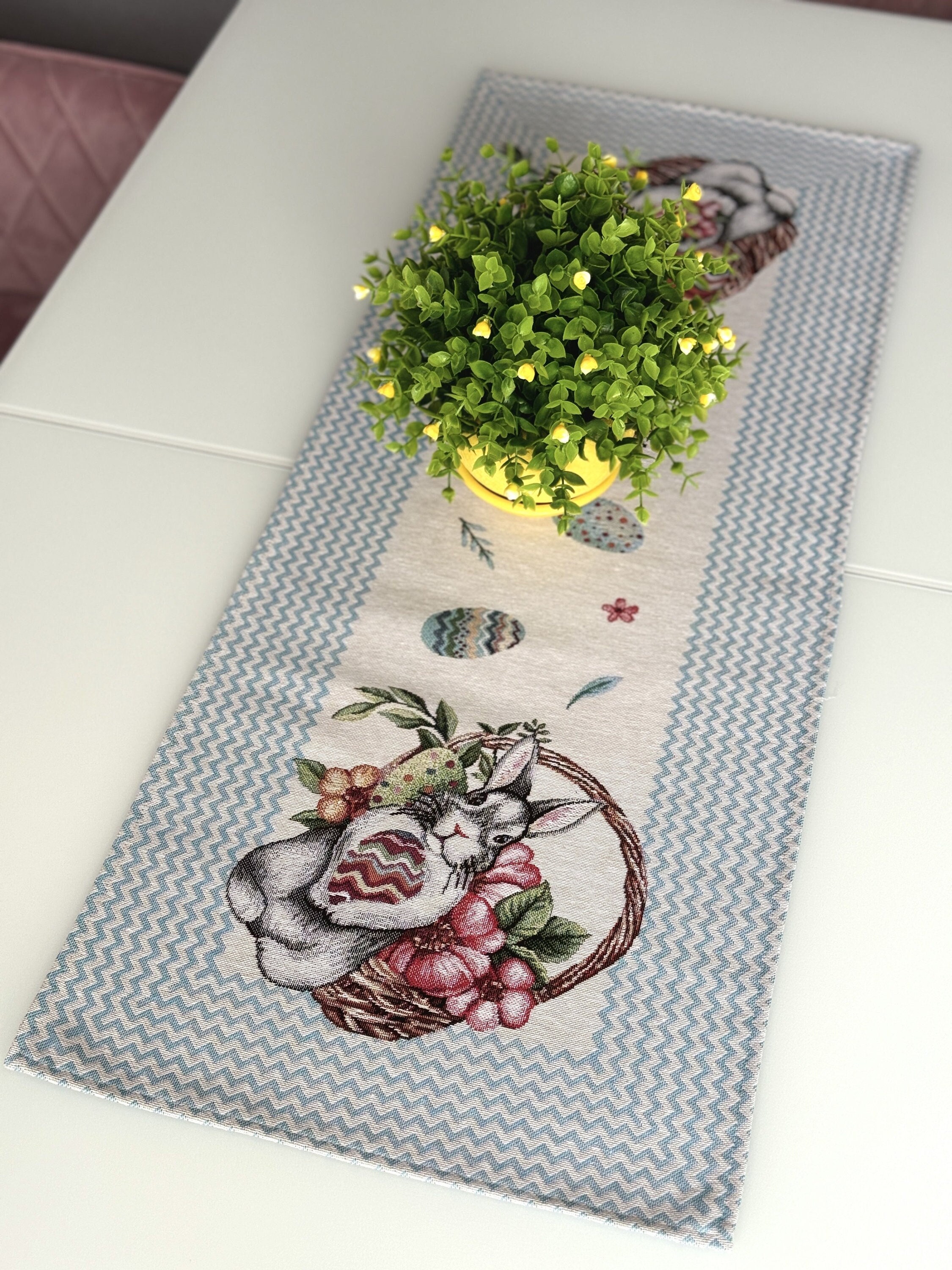Spring Easter tapestry Table runner with Easter eggs, Bunny and flowers. Easter table centrepiece. Easter table linen set