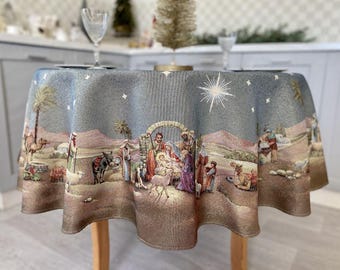 Christmas Round Tablecloth with Nativity scene, Blue Tapestry fabric with golden lurex, Winter Holiday dining table decor, family gift