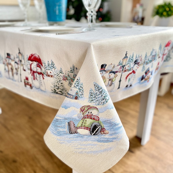 Winter holiday tablecloth "Snow Family". White snowmen table cover. Tapesrty fabric with silver lurex. Christmas dining table linen set