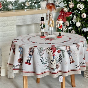 Nutcracker winter round table cloth. Christmas table linens, Tapesrty fabric with silver lurex, Xmas Table decor, Winter holiday table cover