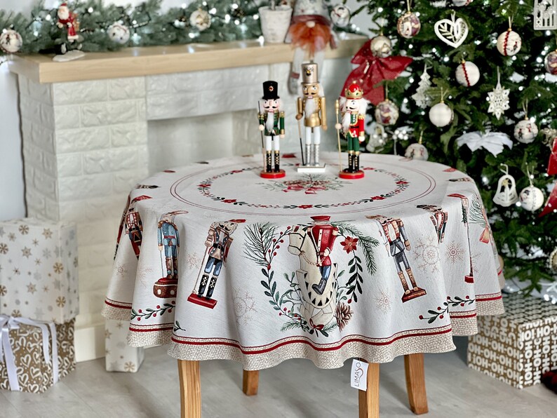 Nutcracker winter round table cloth. Christmas table linens, Tapesrty fabric with silver lurex, Xmas Table decor, Winter holiday table cover