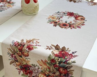 Pumpkin Floral Table Runner, Autumn Harvest Tapestry, Thanksgiving Farmhouse Dining Accent