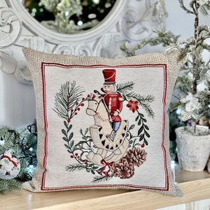 Nutcracker winter cushion cover. Christmas table linens, Tapesrty fabric with silver lurex, Xmas pillow case, Winter holiday decorations