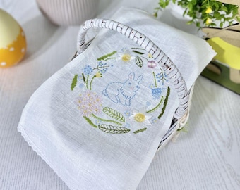 Small Easter Basket Linen Cover - Embroidered Easter Bunny, Orthodox Decor. Traditional Easter basket towel