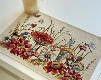 Autumn Tapestry Placemats, Mushroom Wildflower Table Mats, Fall Dining Decor, Cottagecore Harvest Kitchen Decor
