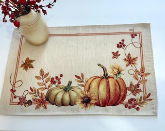Autumn Pumpkin Placemats, Thanksgiving Tapestry Table Mats, Harvest Farmhouse Dining Decor