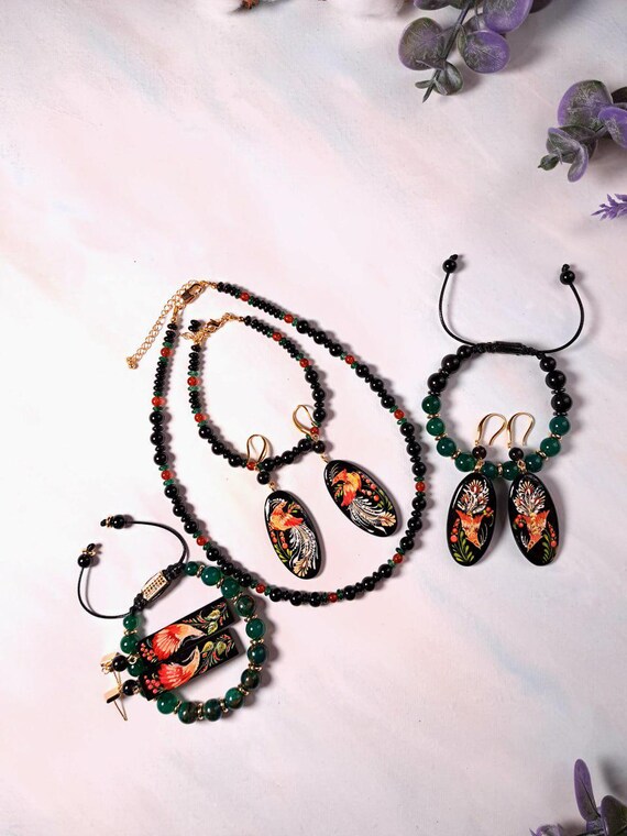 Hand-painted Petrykivka Jewelry Set – Ukrainian Folk Art Wooden
