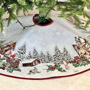 Christmas tree skirt Snowy Forest. Tapestry fabric with silver lurex. Winter Holiday Decorations