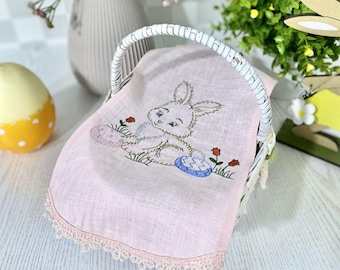 Small Easter basket cover for kids. 100% linen. Embroidered Easter Bunny. Traditional Easter basket towel. Orthodox Easter basket decor.