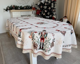 Tovaglia arazzo Schiaccianoci: copritavolo natalizio in lurex argento. Regalo per la famiglia.