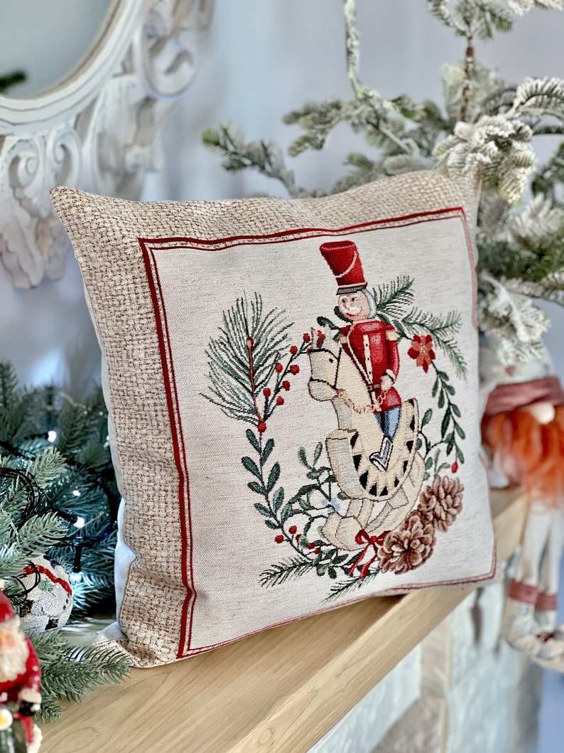 Nutcracker winter cushion cover. Christmas table linens, Tapesrty fabric with silver lurex, Xmas pillow case, Winter holiday decorations