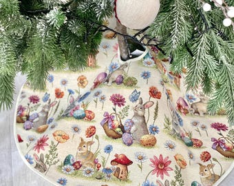 Easter Tree Skirt: Tapestry Fabric with Bunny & Floral Design