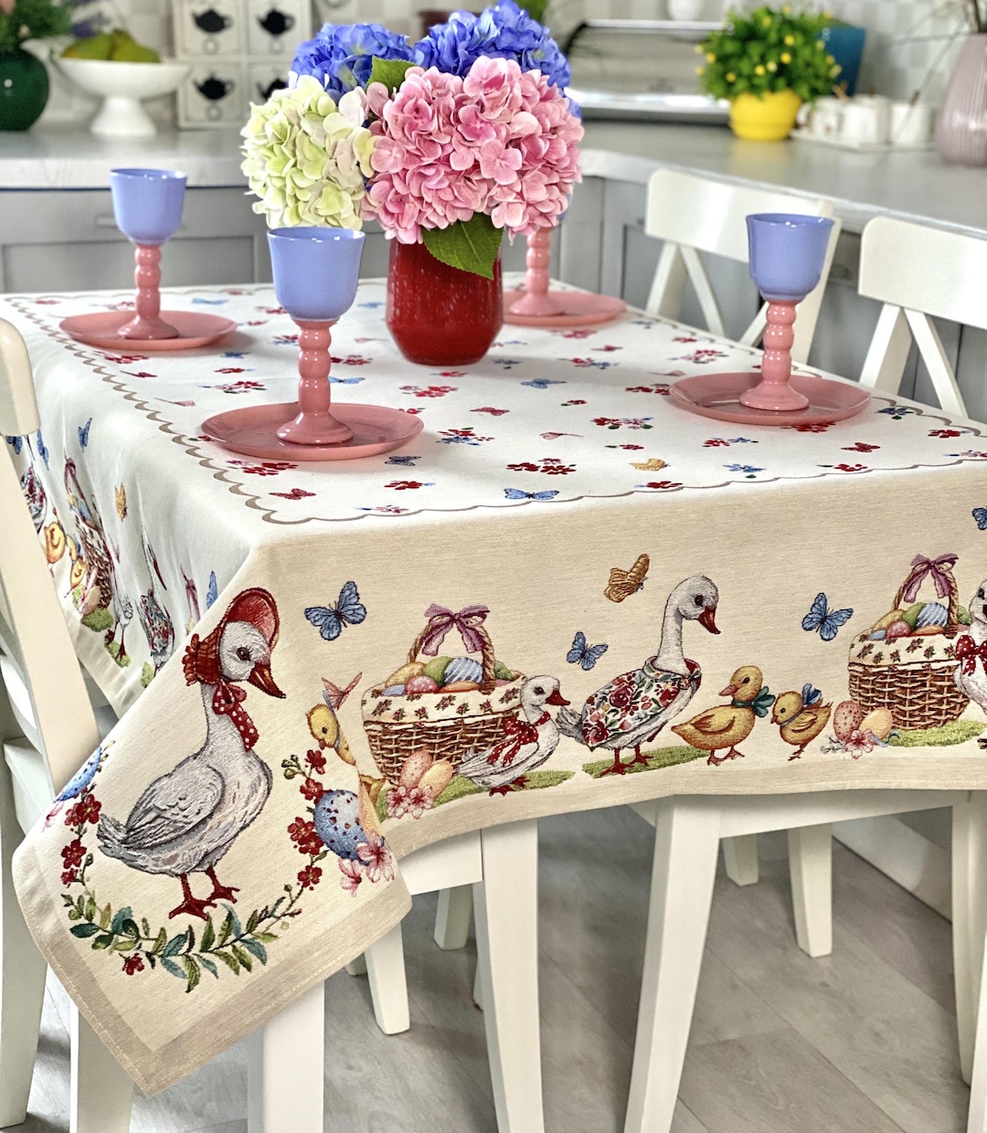 Easter Tablecloth With Geese, Chicks & Easter Basket - Vintage Spring ...
