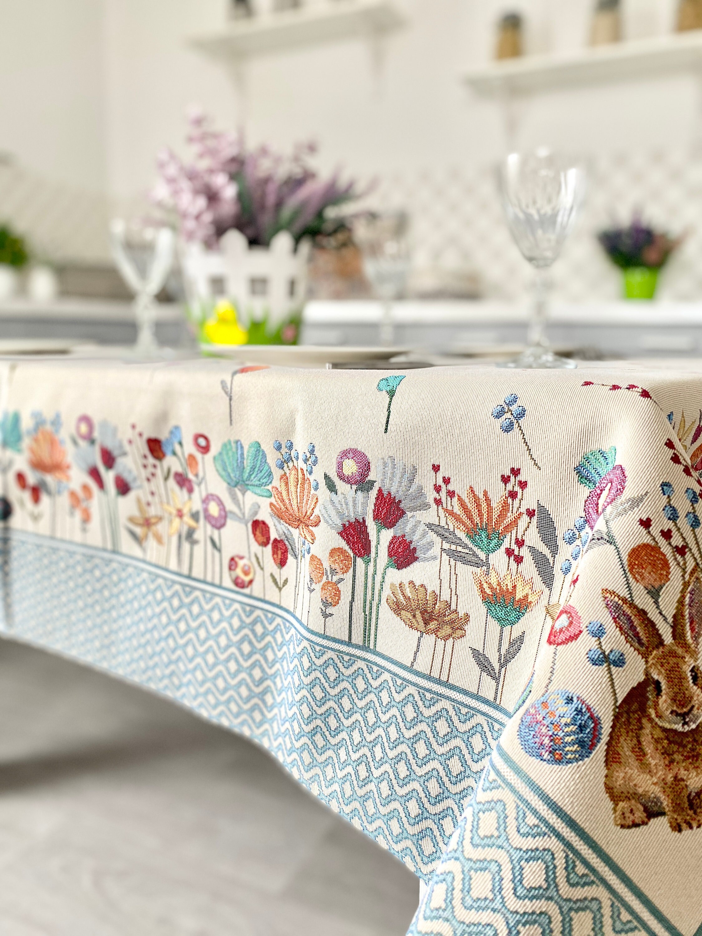 Easter Tablecloth With Eggs Bunny From Tapestry Fabric, Easter Table