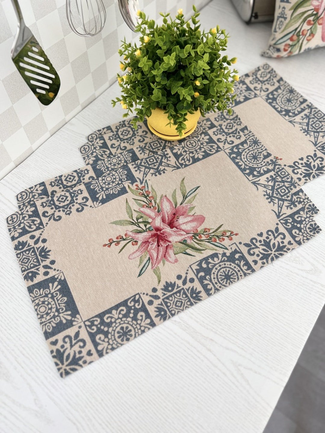 Mosaic Placemats With Lilies From Tapestry Fabric. Dining Table Mats. Housewarming Gifts. Summer