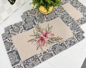 Mosaic Placemats and runner with lilies from tapestry fabric. Dining Table decor. Housewarming Gifts. Summer Table Linens