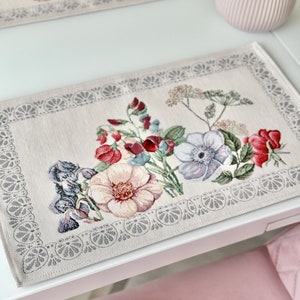 Placemats set floral gobelin design. Tapestry fabric placemats with flowers. Summer table linen. Housewarming gift