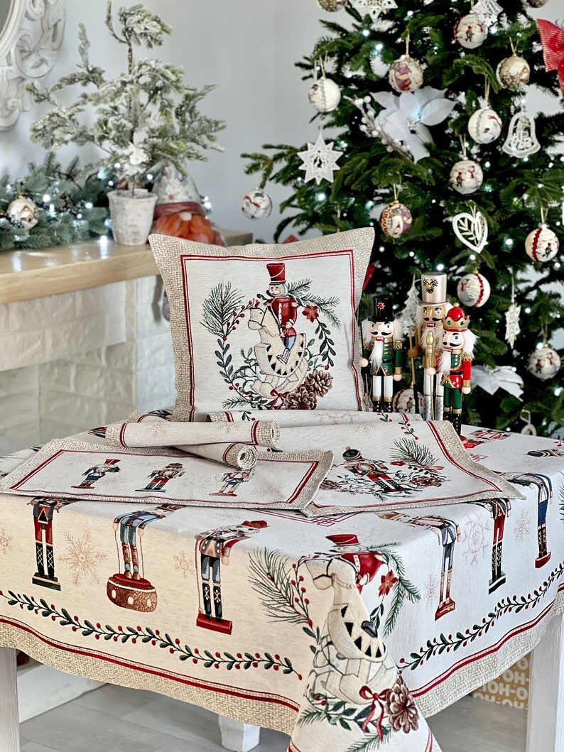 Nutcracker winter table cloth. Christmas table linens, Tapesrty Christmas table cover, X-mas Winter holiday New year Table decorations