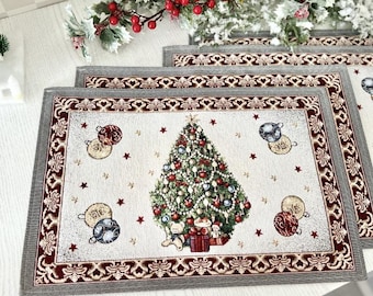 Luxury Christmas Placemats, Tree and Ornament Tapestry Table Mats, Elegant Holiday Place Setting