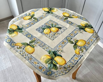 Tapestry tablecloth with Lemons. Majolica designed coffee table cover. Summer table linen set. Citrus dining table decor. Family gift