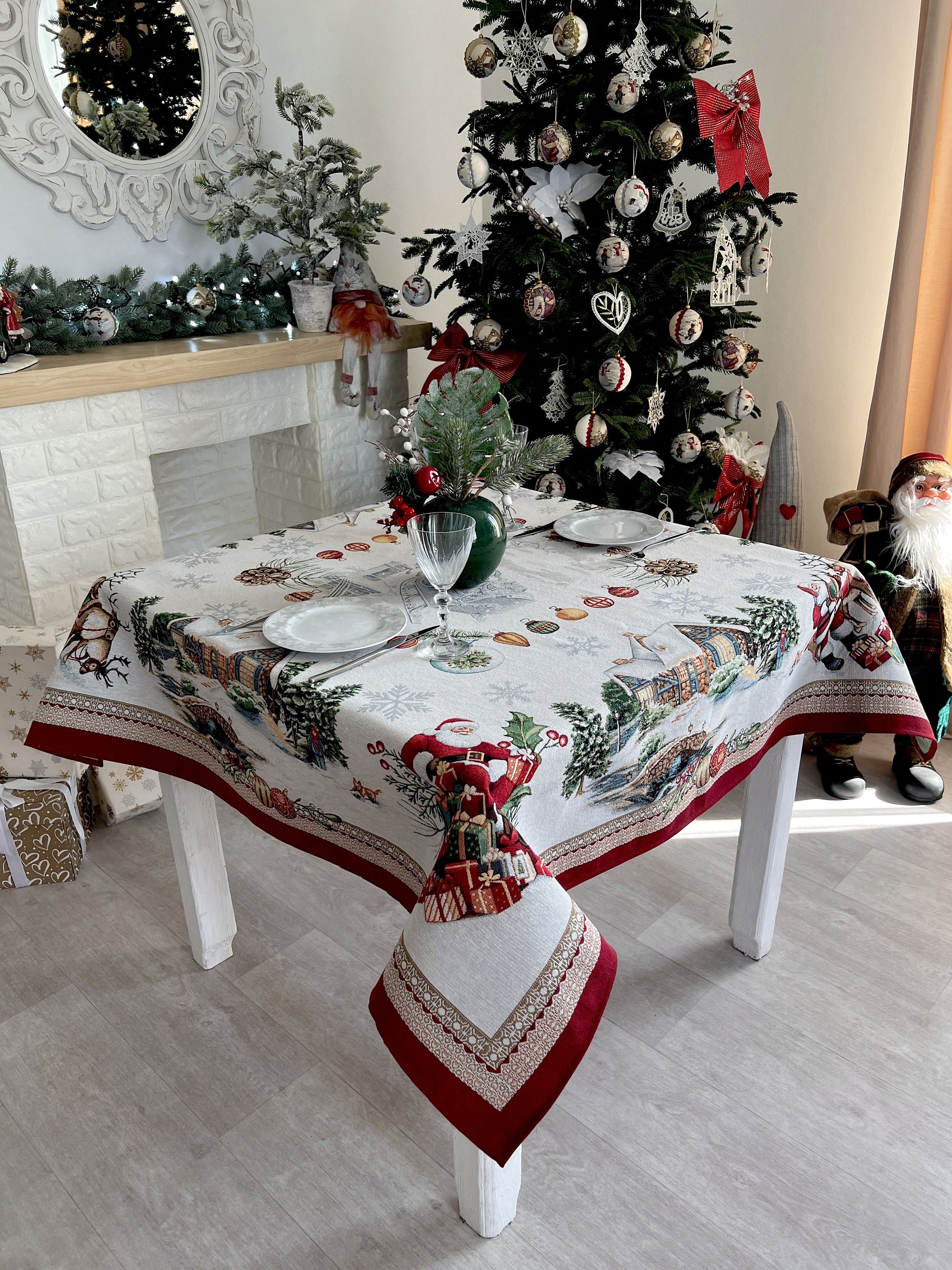 Winter Holiday Table Cloth With Santa. Christmas Table Linens. Silver ...
