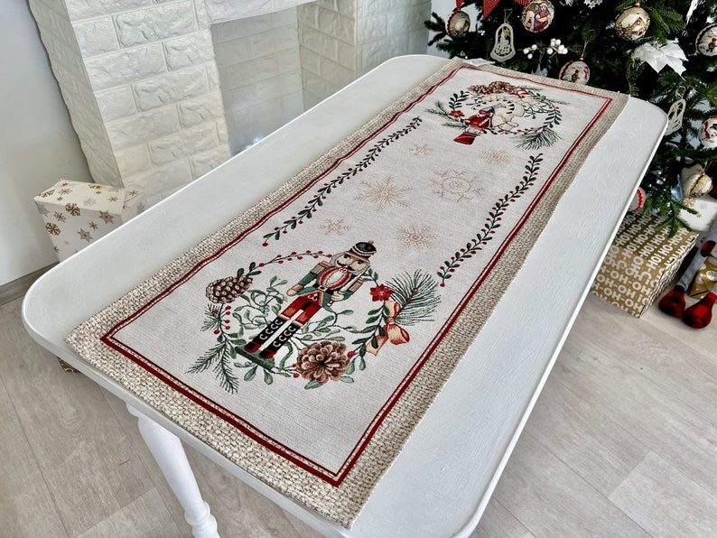 Nutcracker winter table runner. Christmas table linens, Tapesrty fabric with silver lurex, X-mas Table decor, Winter holiday decorations