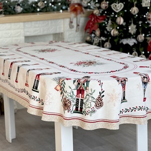 Nutcracker winter oval table cloth. Christmas table linens, Tapesrty fabric with silver lurex, X-mas Table decor, Winter holiday oval table cover