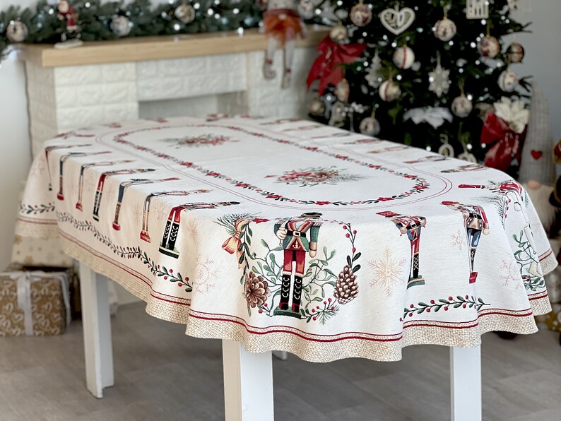 Nutcracker winter oval table cloth. Christmas table linens, Tapesrty fabric with silver lurex, X-mas Table decor, Winter holiday oval table cover