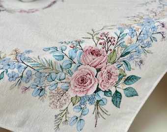 Floral Gobelin Tapestry Tablecloth | Woven Pastel Roses Cottage Decor