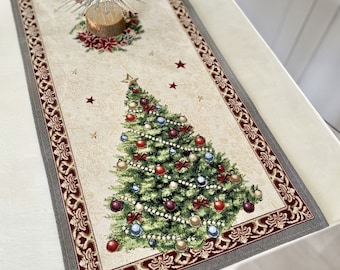Elegant Christmas Table Runner, Luxury Tree Tapestry Centerpiece, Classic Holiday Mantel Decor