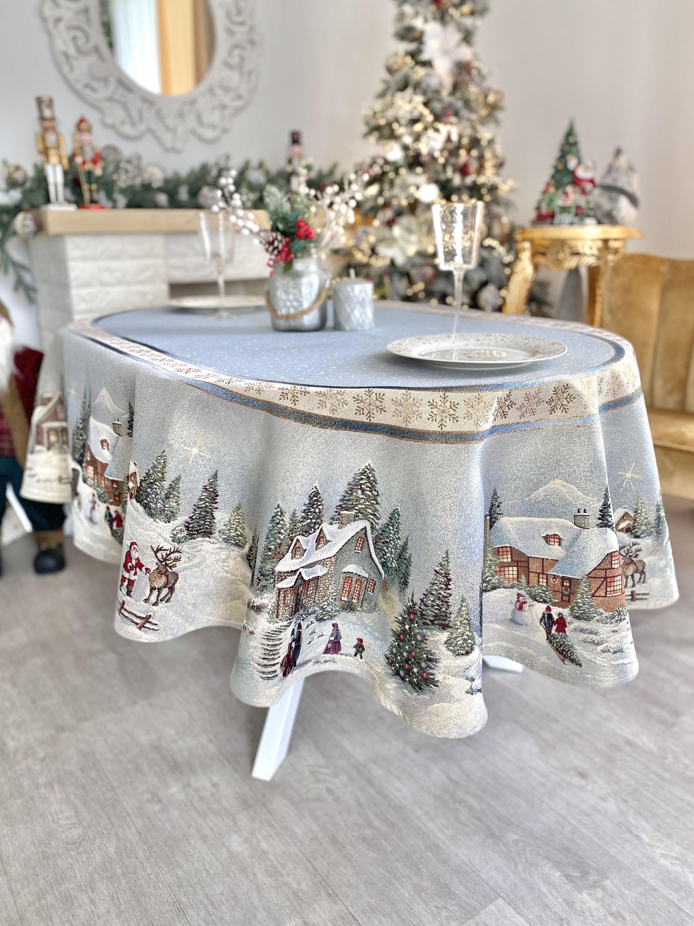 Oval Christmas tablecloth with Snowy Highlands, Tapestry fabric with golden lurex, Xmas Winter holiday dining Table decor, family gift