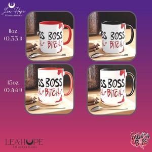 Puede incluir: Cuatro tazas de cerámica blanca con asas e interiores negros o rojos. Cada taza tiene el texto "SS BOSS BITCH" en negro y rojo. Las tazas son de tamaños 0,33l y 0,44l. El fondo incluye granos de café, macarons y cucharas.