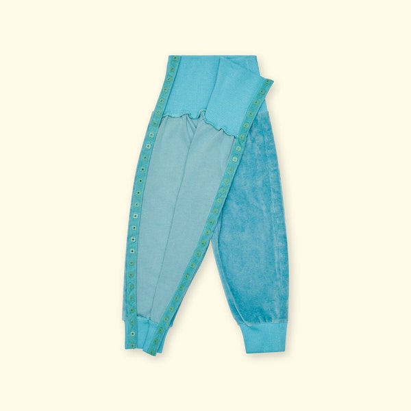 pantalon de jogging adaptatif bébé et enfant, bleu pétrole, 80-116, prothèse, orthèse, jambe plâtrée, post-opératoire, entièrement ajustable