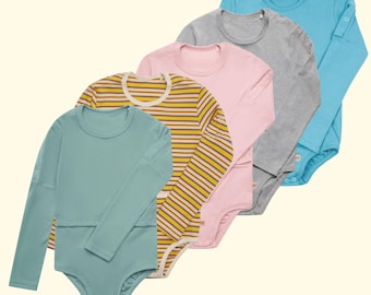 Aanpasbare katoenen bodysuit met lange mouwen: opening bij de buik, 86-176