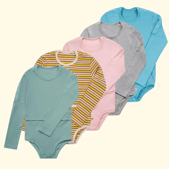 Adaptive Long Sleeve Cotton Bodysuit: Abdominal Sleeve Opening, 86–176