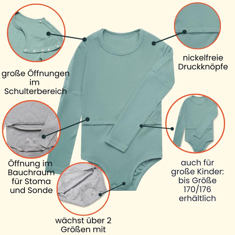 Long-sleeved bodysuit, opening on abdomen for feeding tube PEG stoma, bodysuit for special needs, 86 - 176 image 3