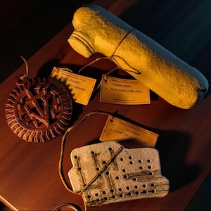 May include: A collection of handcrafted items arranged on a wooden surface. A long, cylindrical object is tied with twine. A circular, sun-like object and a rectangular object with holes are also present, along with several tags.