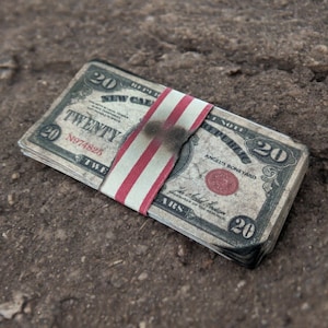 K&ouml;nnte beinhalten: Ein Stapel von Zwanzig-Dollar-Scheinen mit einem rot-wei&szlig;-blauen Band darum. Die Scheine sind leicht verkohlt und scheinen verbrannt zu sein.