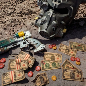 K&ouml;nnte beinhalten: Eine gr&uuml;ne und silberne Spielzeugpistole, ein gr&uuml;ner und silberner Helm und mehrere Stapel Falschgeld mit roten und gelben Flaschenverschl&uuml;ssen, die herumliegen.