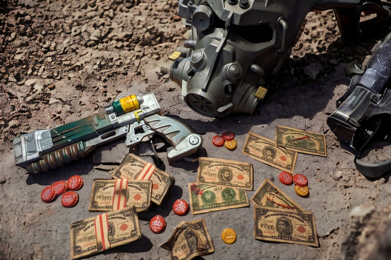 K&ouml;nnte beinhalten: Eine gr&uuml;ne und silberne Spielzeugpistole, ein gr&uuml;ner und silberner Helm und mehrere Stapel Falschgeld mit roten und gelben Flaschenverschl&uuml;ssen, die herumliegen.