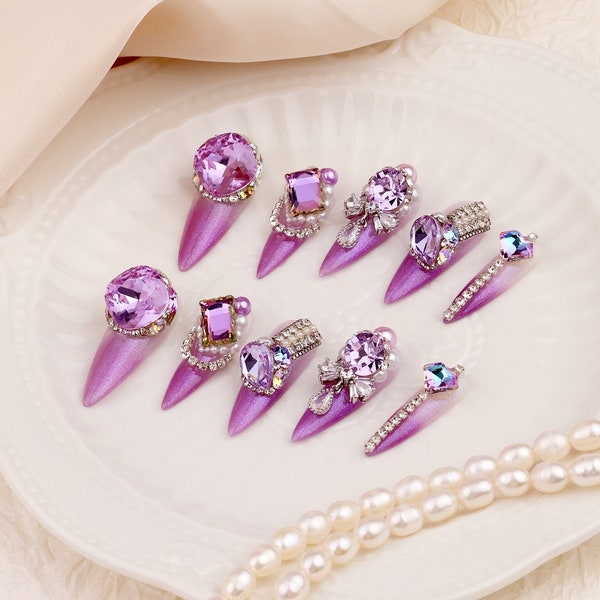 Amethyst Cave - ONailSun Bling Purple Rhinestone Diamond Beads Chic Crystal Dazzling Party Luxury Press on Nails - Wedding Bridal Nails