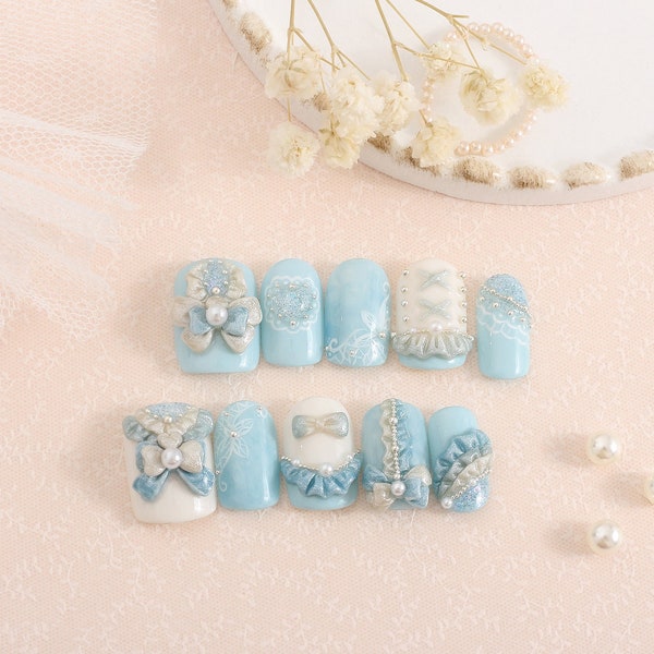 Afternoon Tea - Aegean Cream - ONailSun 3D Tiffany Blue Kawaii Cute Adorable Girly Softgirl Royal Lolita Nails Princess Lacey Press on Nail