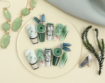Serenity in Green - ONailSun Handpainted Bamboo Chinese Style Water-color Luxury Traditional Forest Flower Elegant Press-on Nails