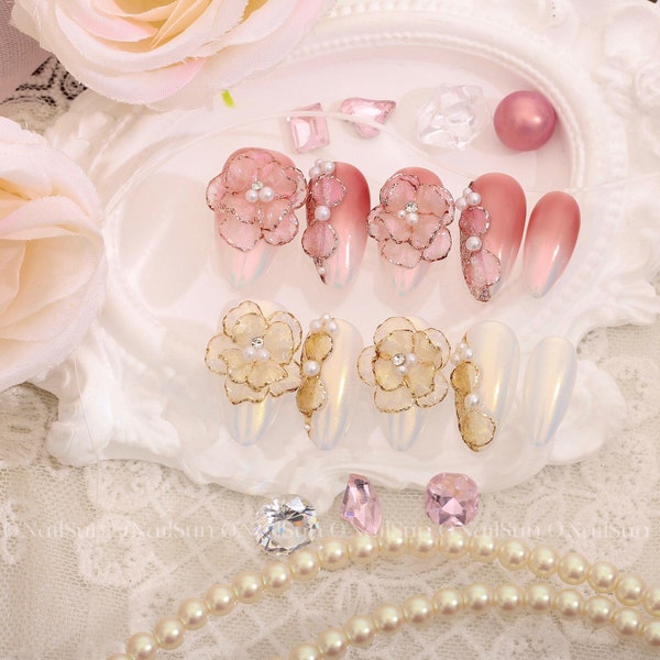 Crystal Blossom - Ribbon Bow - ONailSun 3D Elegant Romantic Short Nails - Floral Flower Pearl Petal Press-on Nails - Wedding Bridal Nails