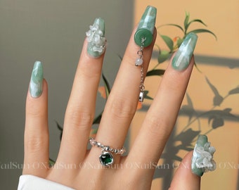 Crystal Blossom - Jade- ONailSun 3D Green Unique Mysterious Chinese Style Elegant Gorgeous Crystal Floral Press on Nails - Wedding Nails