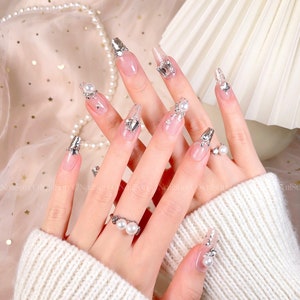 Pearl Palace - ONailSun Bling 3D Gem Rhinestone Crystal Nails - Pearl Press on Nails - Gel Luxury Nails White Princess Silver Shiny Nails