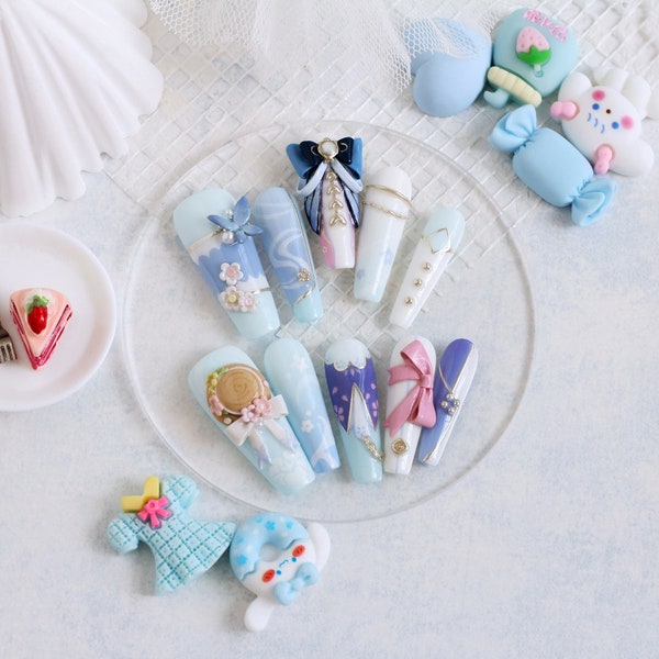 Springbloom Missive - ONailSun 3D Nails Blue Kawaii Cute Adorable Girly Bow Sakura Presson Nails - Genshin Impact Kamisato Ayaka Nails